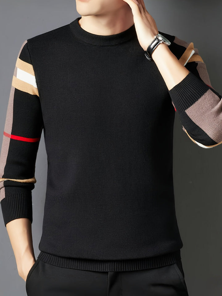 Men’s Colourblock Stripe Sweater | Casual Crewneck with Arm Detail