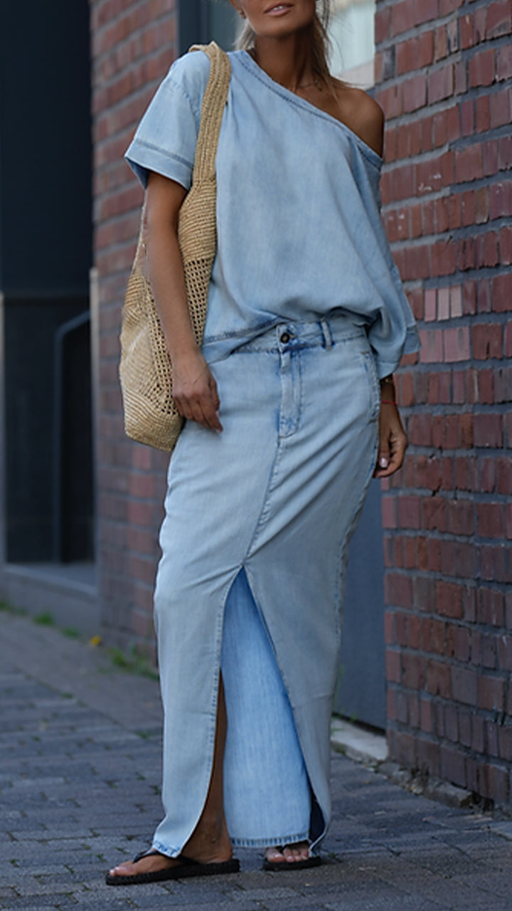 Mireya - Women's Casual Tencel Denim Set with Round Neckline