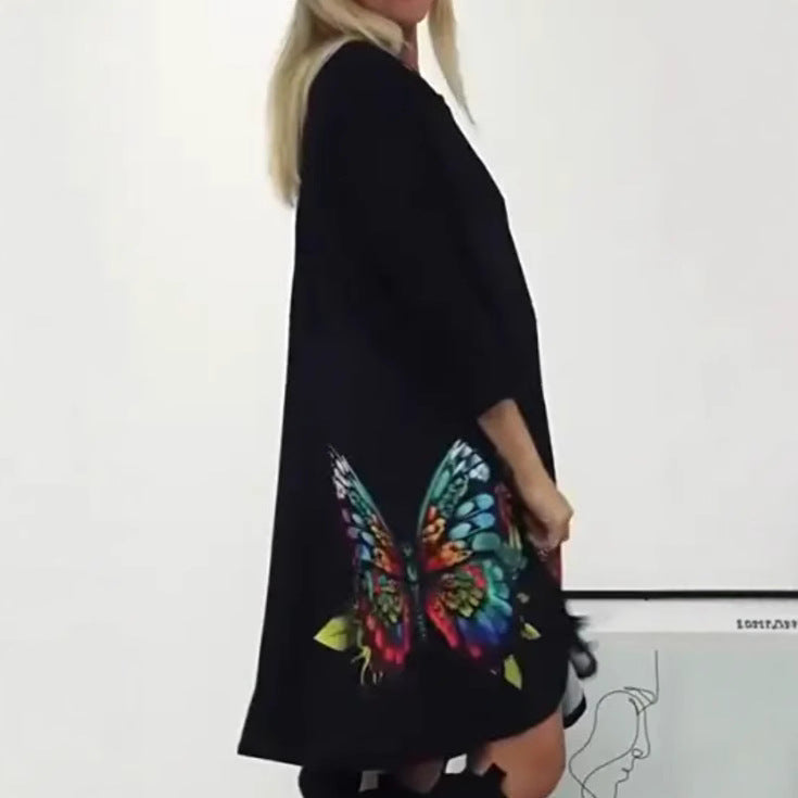 Florienne - Multicolored butterfly print dress with round neck
