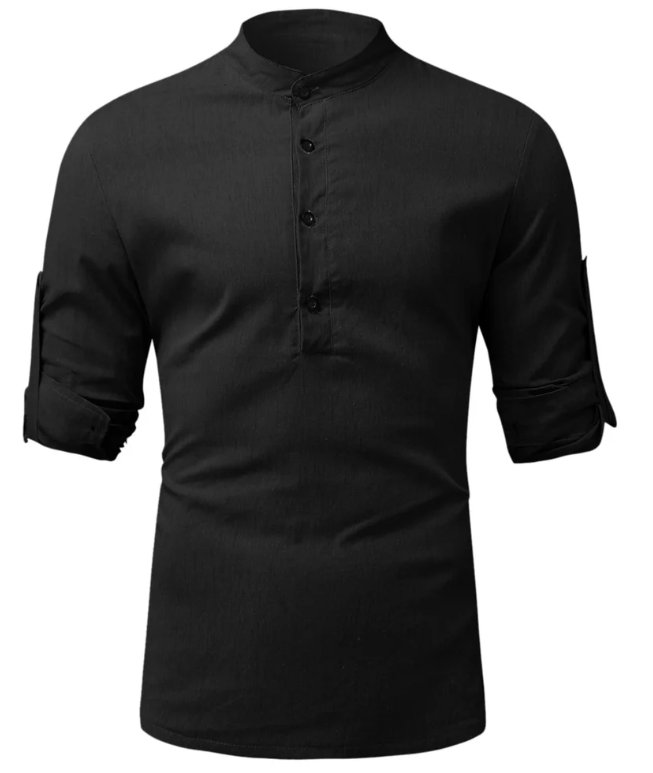 Mandarin Collar Henley Shirt | Slim Fit | Roll-Up Sleeves