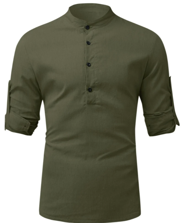 Mandarin Collar Henley Shirt | Slim Fit | Roll-Up Sleeves