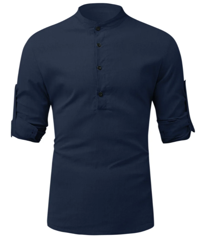 Mandarin Collar Henley Shirt | Slim Fit | Roll-Up Sleeves