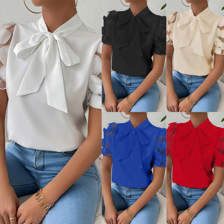 Cirelle - Plain lace summer blouse with bow and short sleeves