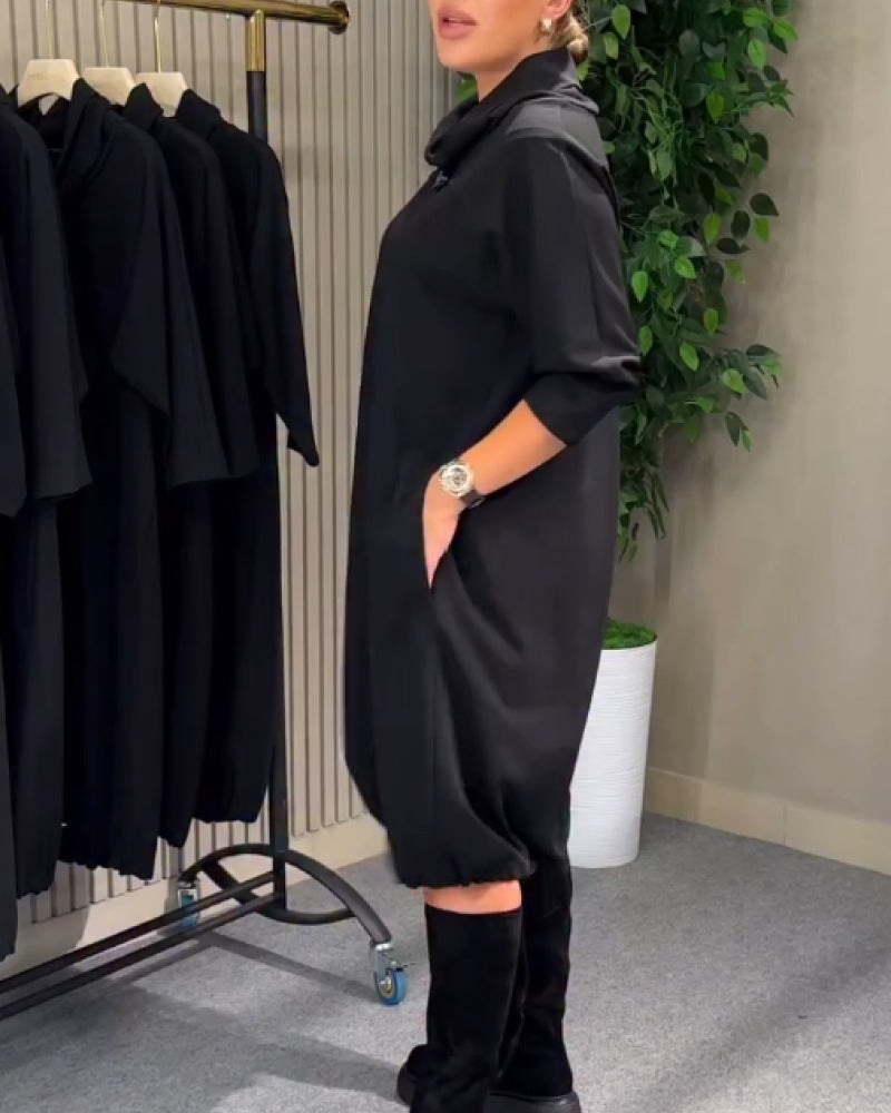 Kaelira - Women's dress with flowing draped collar and practical pockets