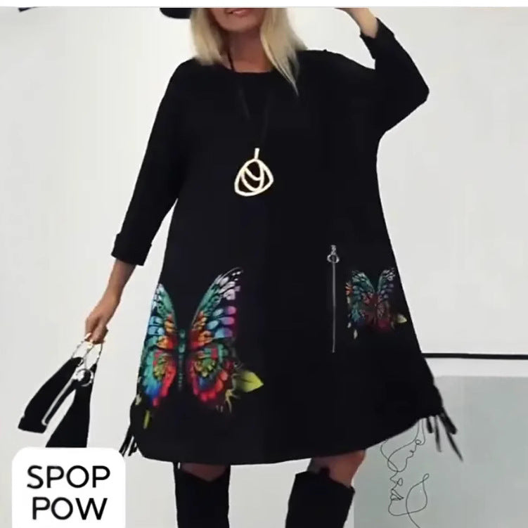 Florienne - Multicolored butterfly print dress with round neck