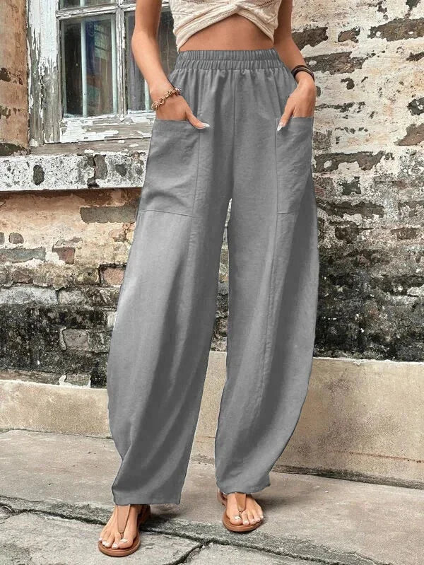 High-Waisted Wide-Leg Pants | Lightweight Linen Blend | Elastic Waist & Pockets