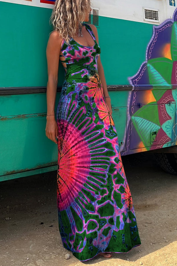 Junaria - Tie-dye print maxi dress with lace-up back, stretchy (with built-in bra)