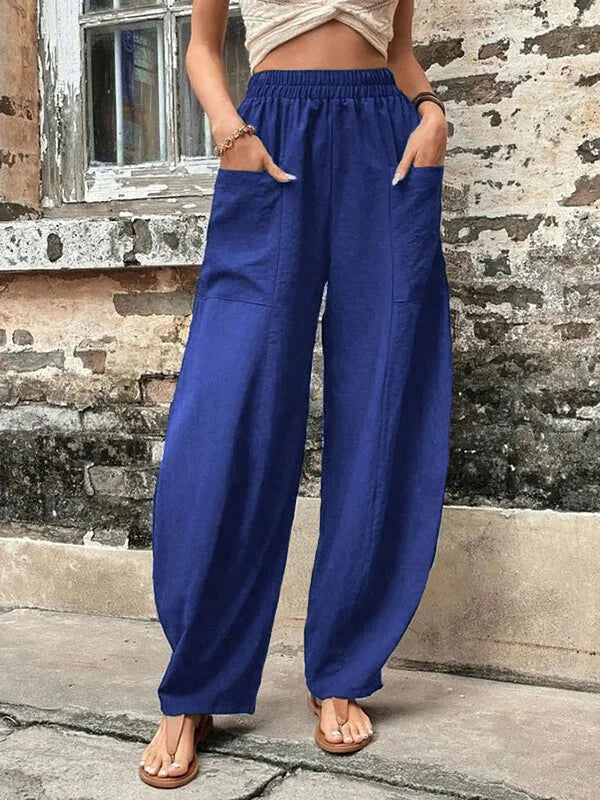 High-Waisted Wide-Leg Pants | Lightweight Linen Blend | Elastic Waist & Pockets