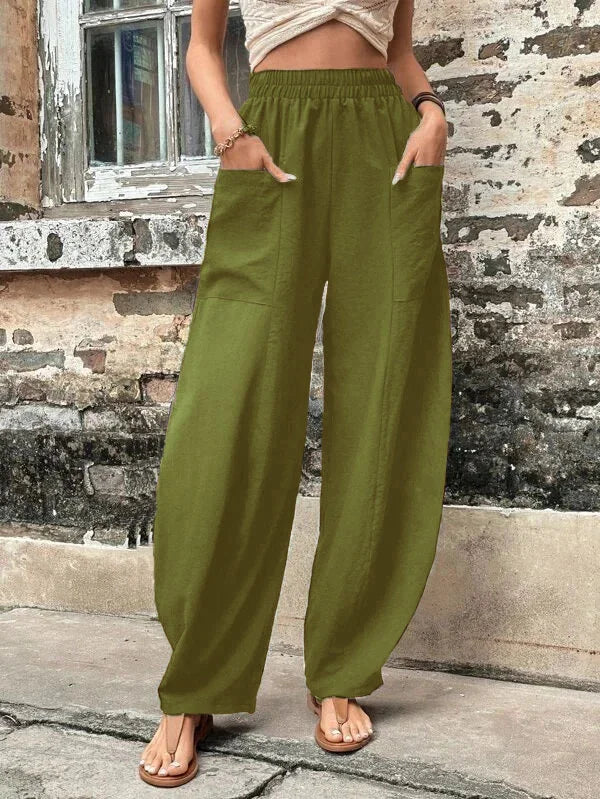 High-Waisted Wide-Leg Pants | Lightweight Linen Blend | Elastic Waist & Pockets