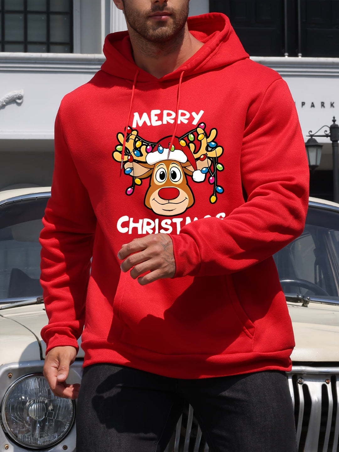 Men's Holiday Hoodie | Graphic Reindeer Print | Fleece Pullover Fit