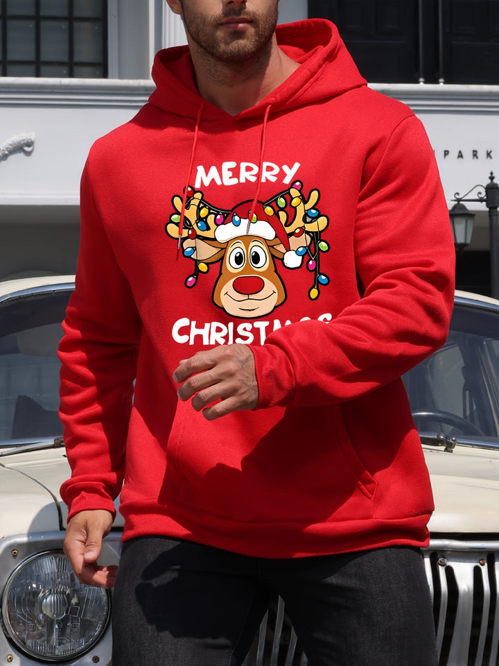 Men's Holiday Hoodie | Graphic Reindeer Print | Fleece Pullover Fit