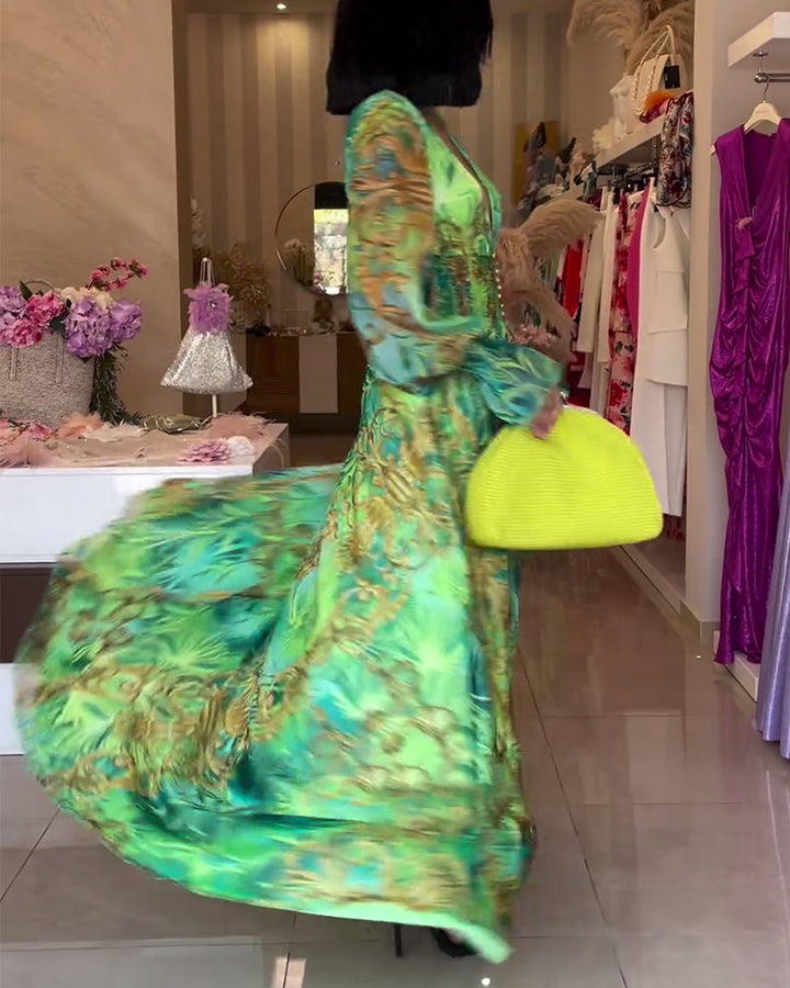 Aceline - Elegant Printed Empire Waist Long Dress