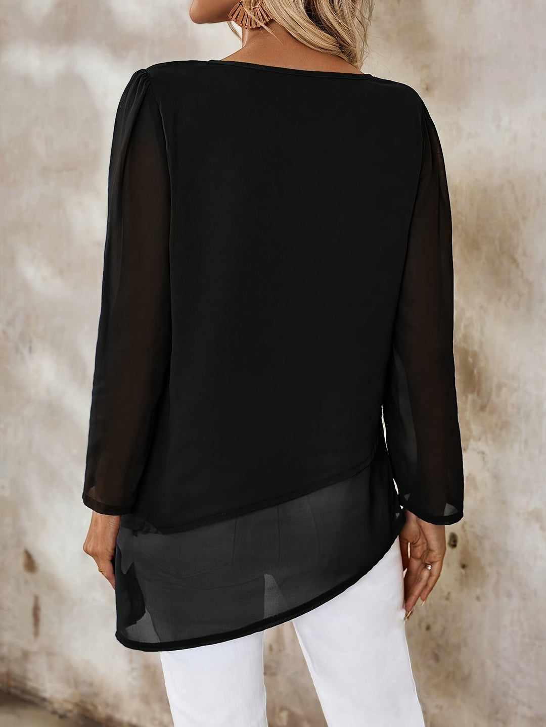 Corisande - Elegant Double Layer Blouse with Asymmetrical Hem and Light Sheerness