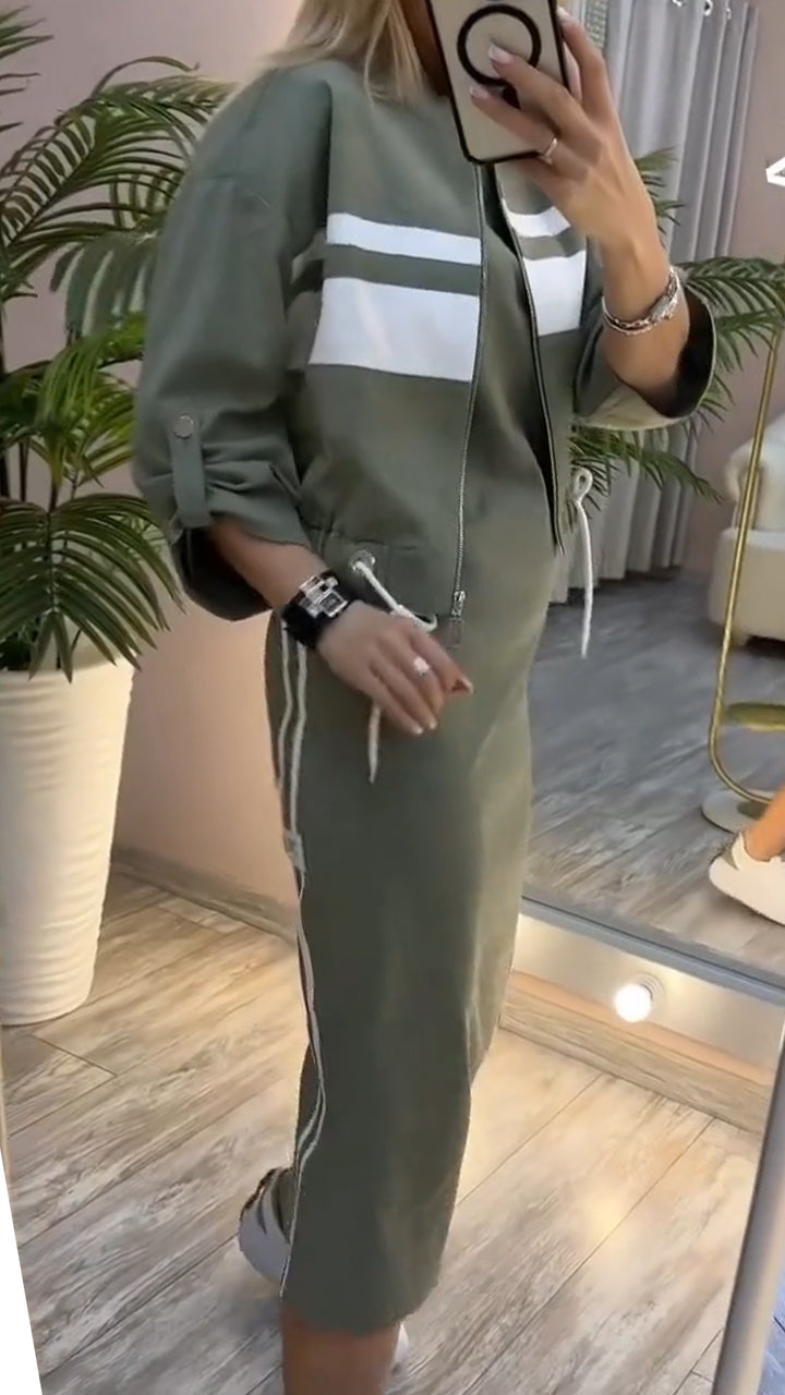 Pravella - Casual-chic women's set with round-neck midi dress and zip-up jacket