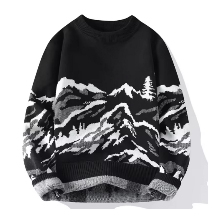 Men’s Mountain Graphic Knit Sweater | Jacquard Landscape Pullover | Cozy Statement Layer