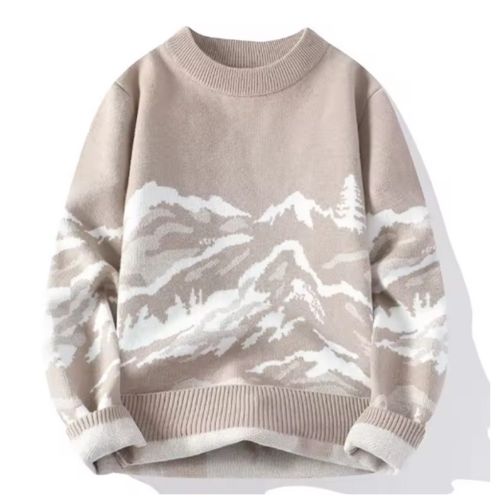 Men’s Mountain Graphic Knit Sweater | Jacquard Landscape Pullover | Cozy Statement Layer
