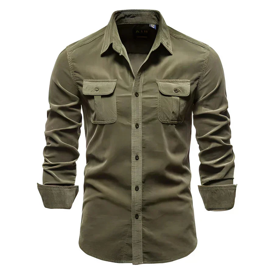 Men’s Corduroy Button-Up Shirt | Casual Long Sleeve | Utility Pocket Design