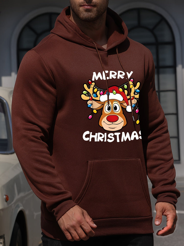 Men's Holiday Hoodie | Graphic Reindeer Print | Fleece Pullover Fit