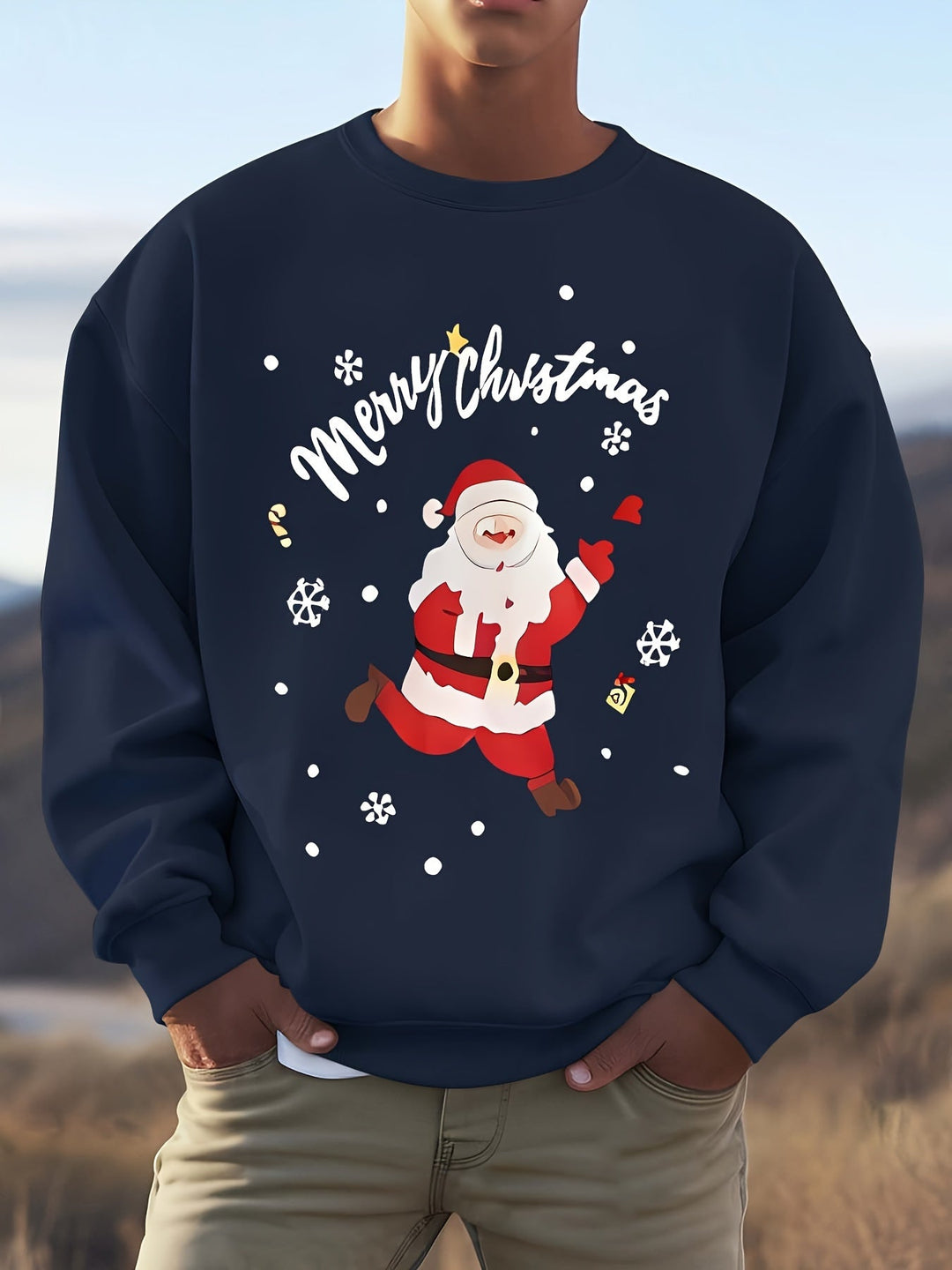 Men's Christmas Graphic Sweatshirt | Santa Print Pullover | Holiday Fleece Crew