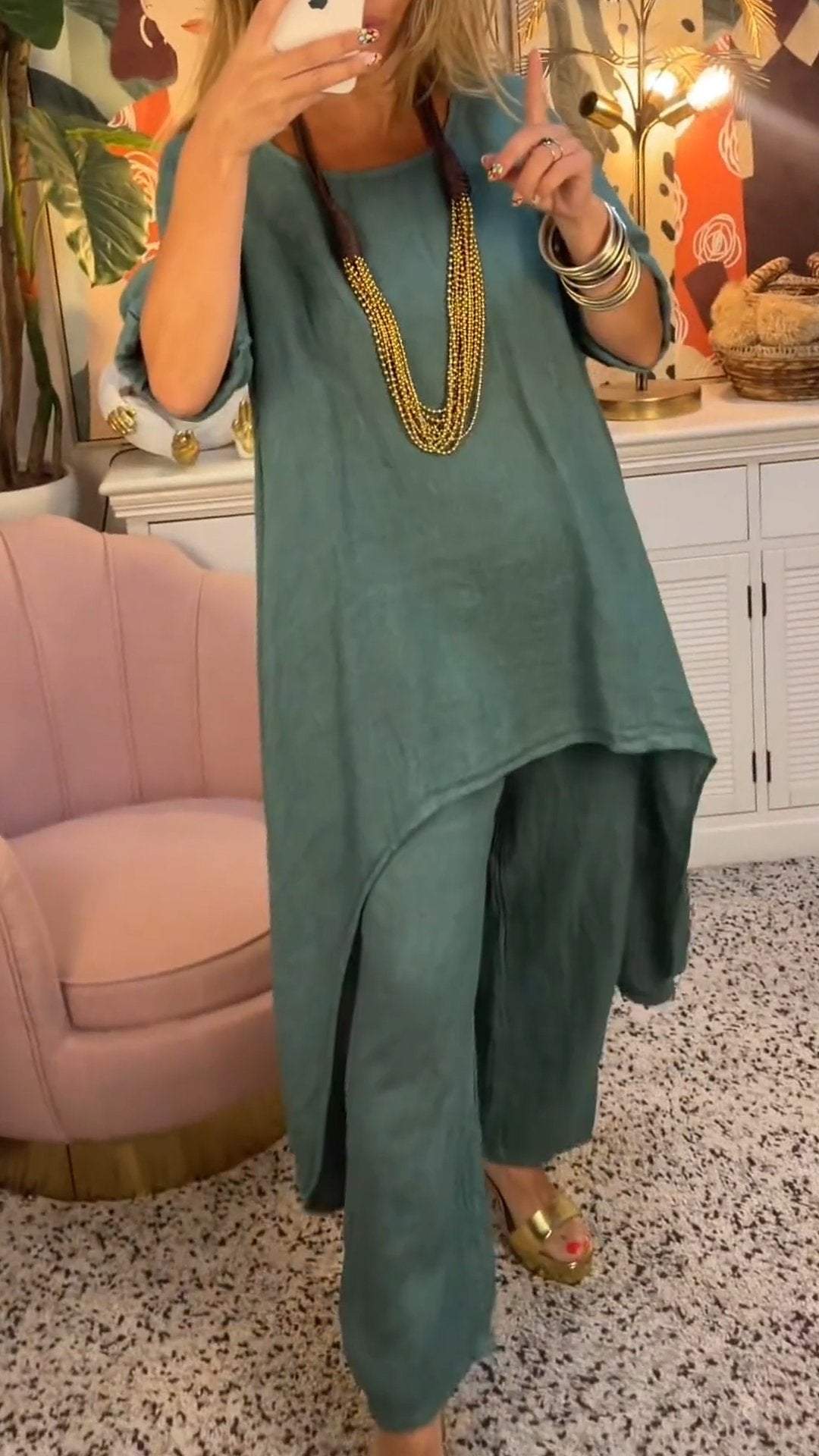 Melantha - Two-Piece Cotton and Linen Set with Round Neckline and Long Sleeves