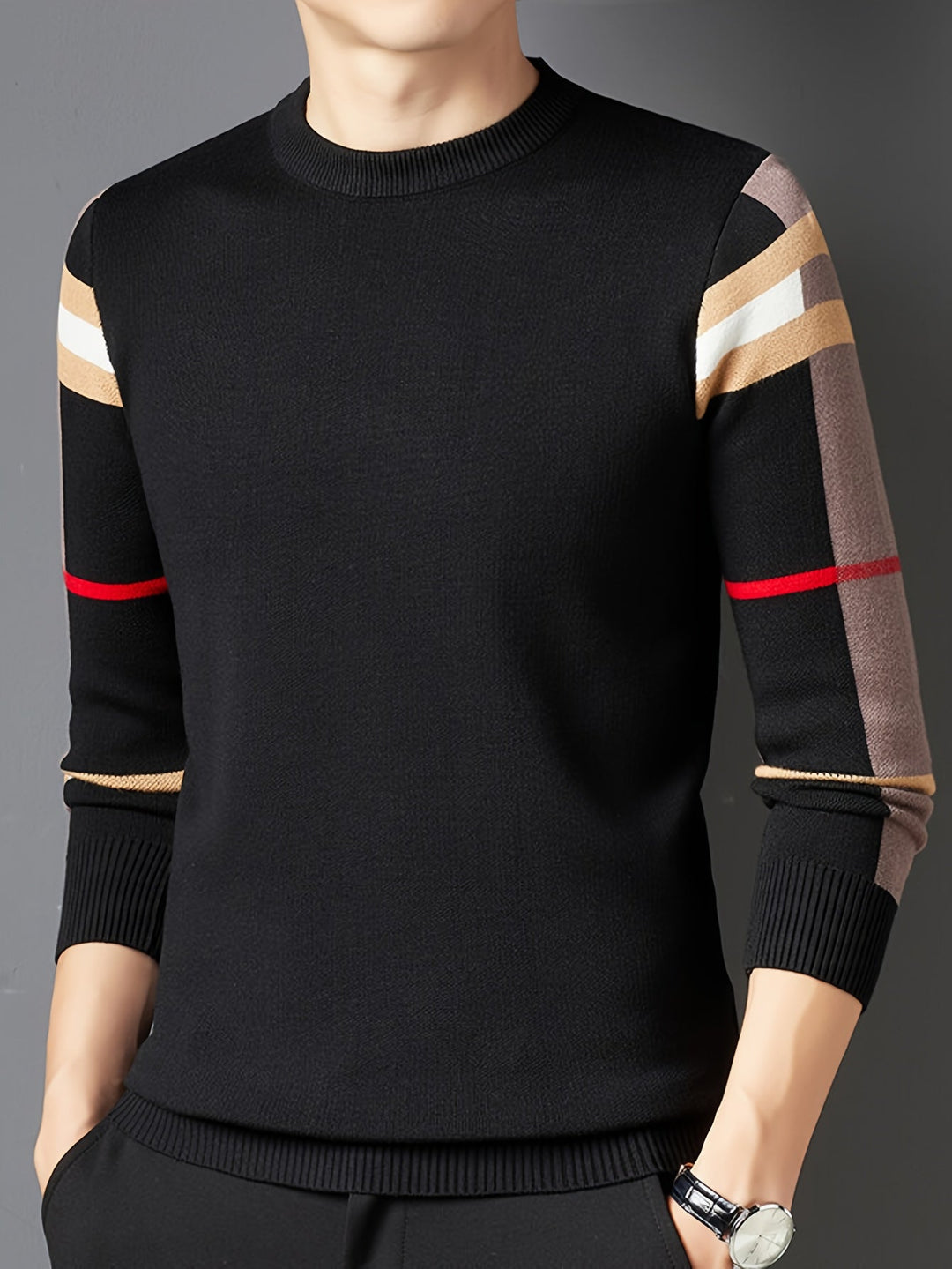 Men’s Colourblock Stripe Sweater | Casual Crewneck with Arm Detail