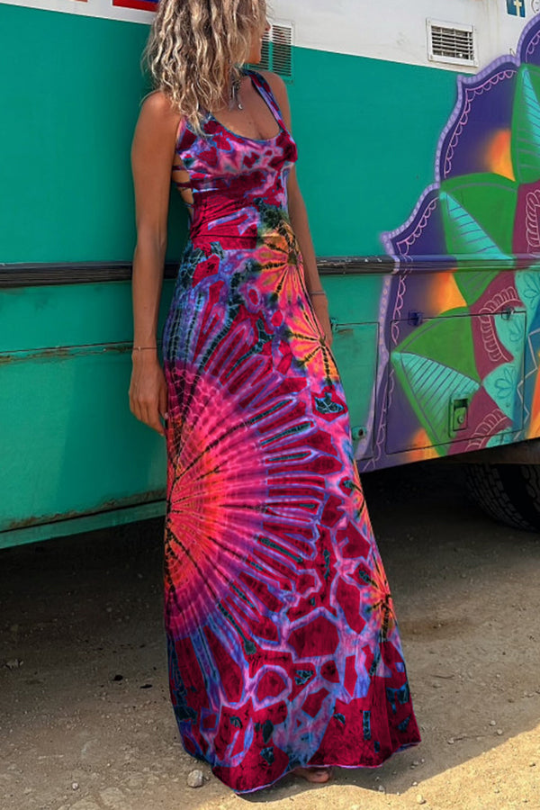 Junaria - Tie-dye print maxi dress with lace-up back, stretchy (with built-in bra)