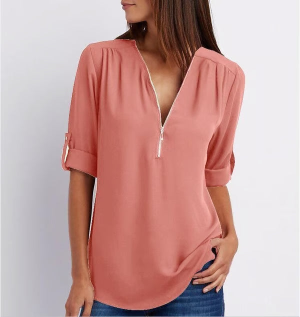 Quelina - Loose-Fitting 3/4 Sleeve Zip-Up Blouse