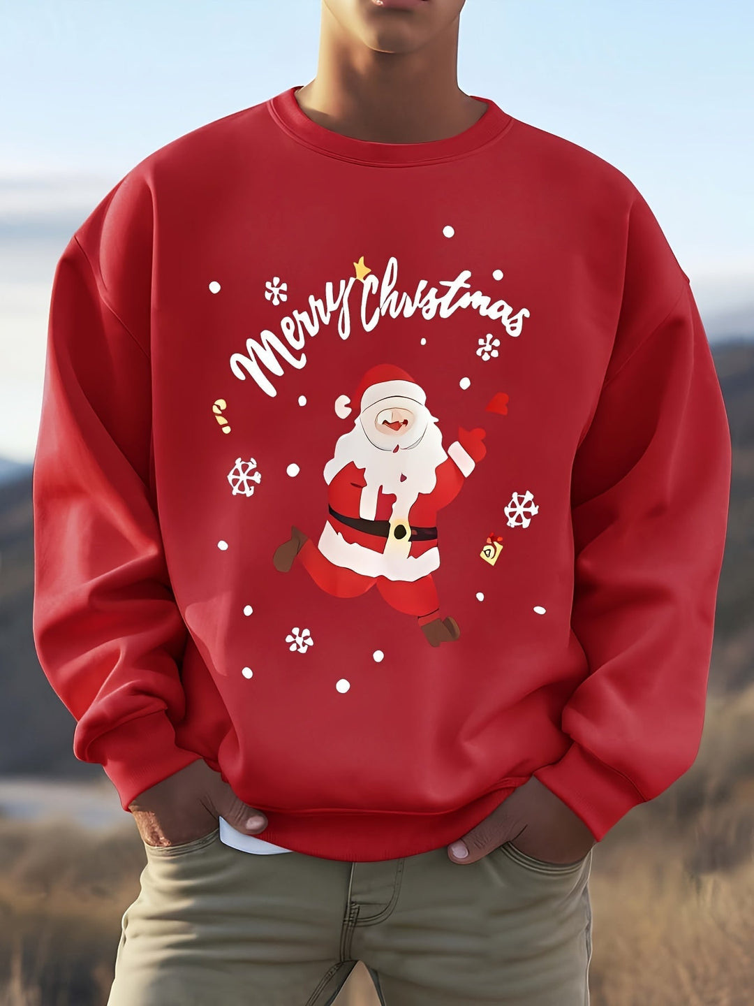 Men's Christmas Graphic Sweatshirt | Santa Print Pullover | Holiday Fleece Crew