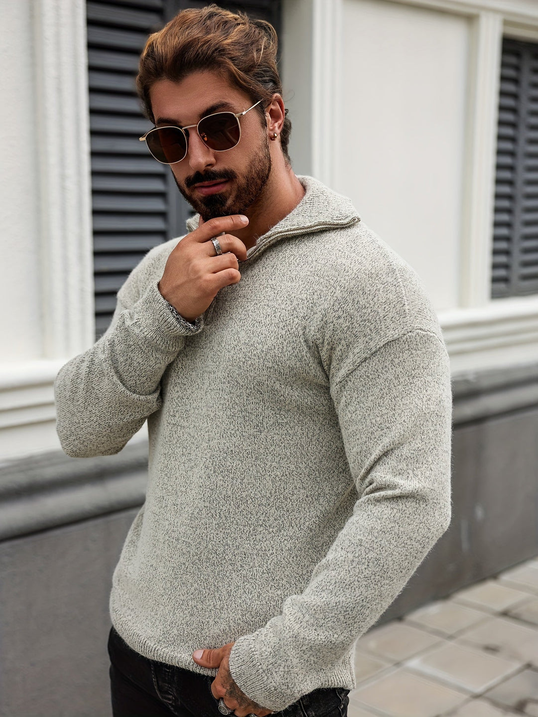 Men’s Half-Zip Mock Neck Sweater | Textured Knit Pullover | Midweight Cotton Blend