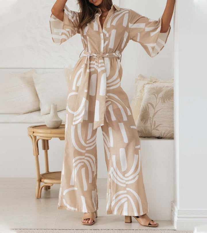 Abstract Print Linen Cotton Jumpsuit | Relaxed Wide-Leg Fit | Neutral Tone