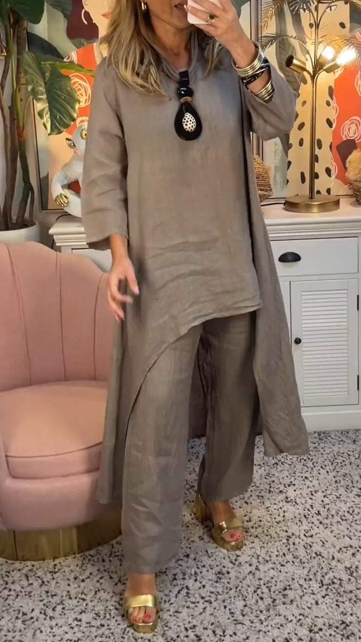 Melantha - Two-Piece Cotton and Linen Set with Round Neckline and Long Sleeves