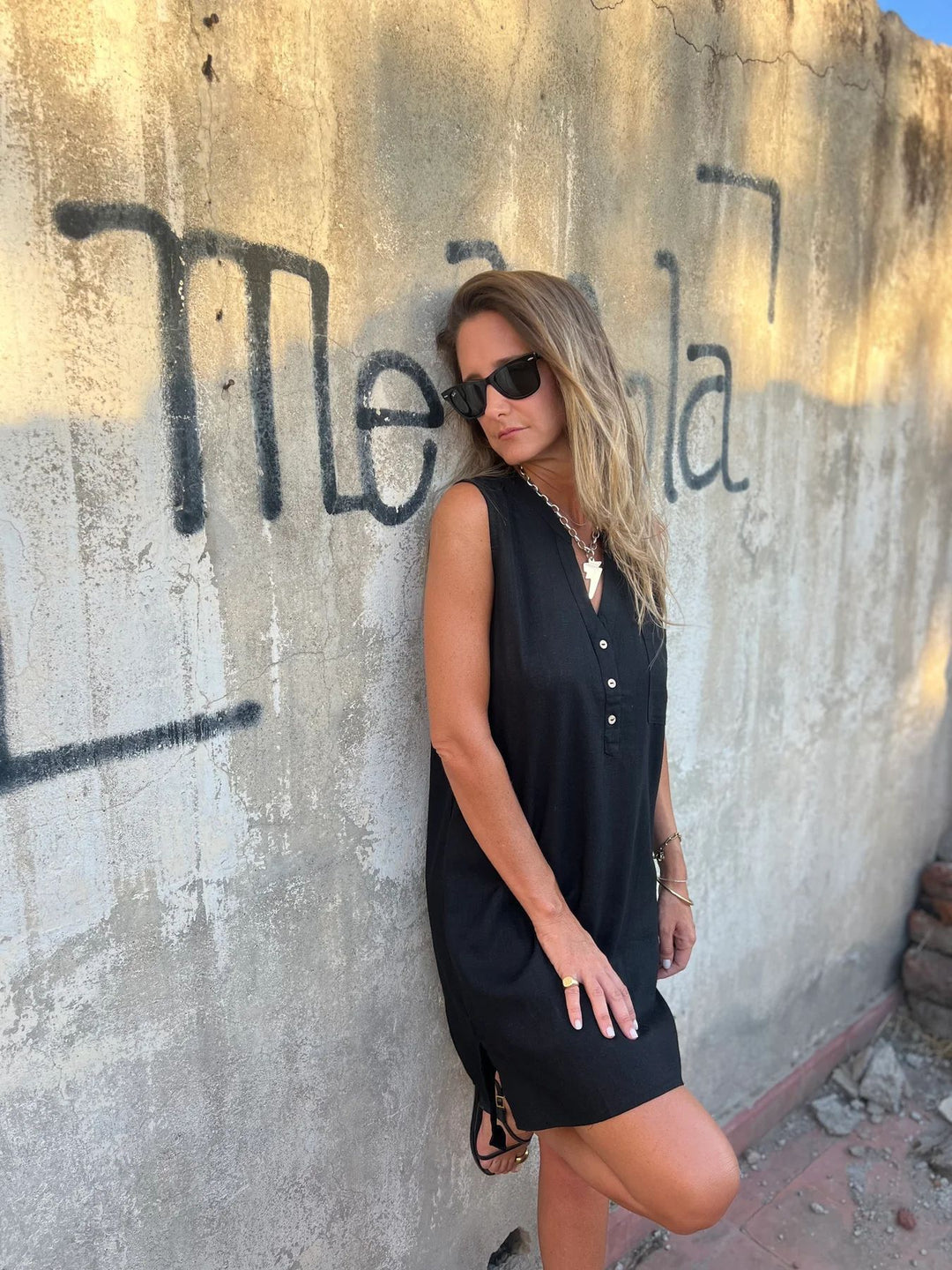 Nerelle - Robe décontractée en coton et lin avec col en V et poche latérale