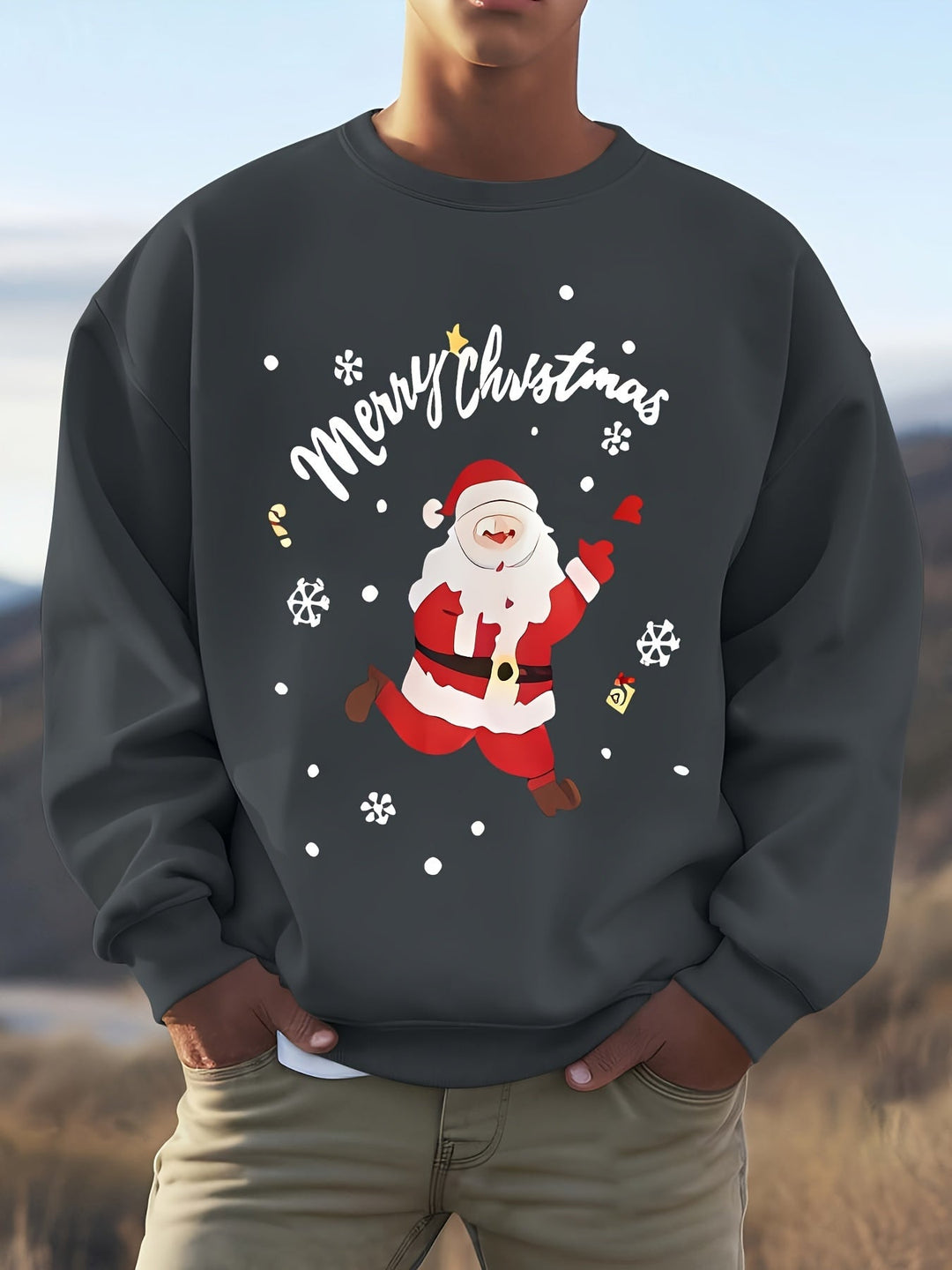Men's Christmas Graphic Sweatshirt | Santa Print Pullover | Holiday Fleece Crew