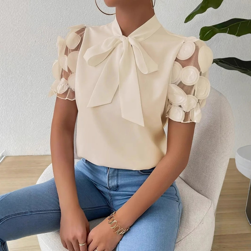 Cirelle - Plain lace summer blouse with bow and short sleeves