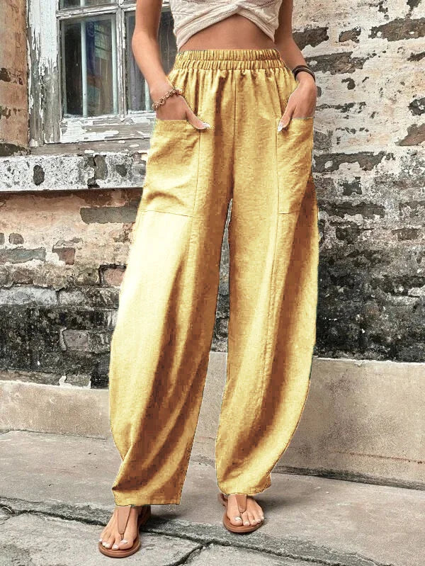 High-Waisted Wide-Leg Pants | Lightweight Linen Blend | Elastic Waist & Pockets