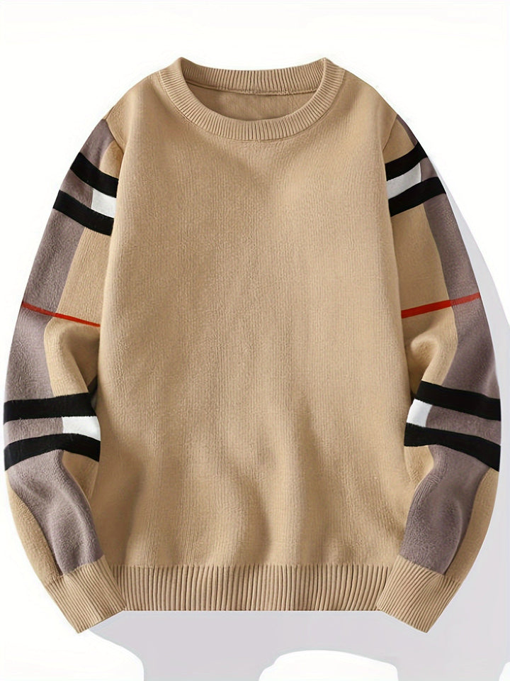 Men’s Colourblock Stripe Sweater | Casual Crewneck with Arm Detail