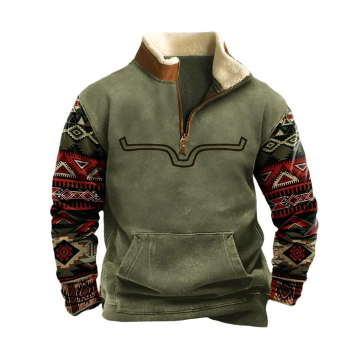 Men’s Quarter-Zip Fleece Pullover | Patterned Sleeves | Warm Winter Sweatshirt