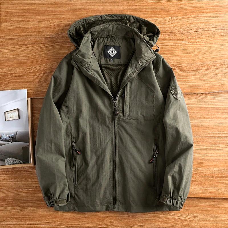 Men’s Khaki Windbreaker Jacket | Lightweight Shell | Adjustable Hood