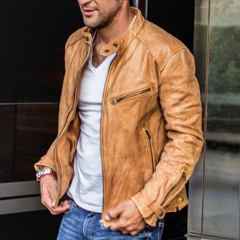 Men’s Moto Biker Jacket | Faux Leather Zip-Up with Stand Collar