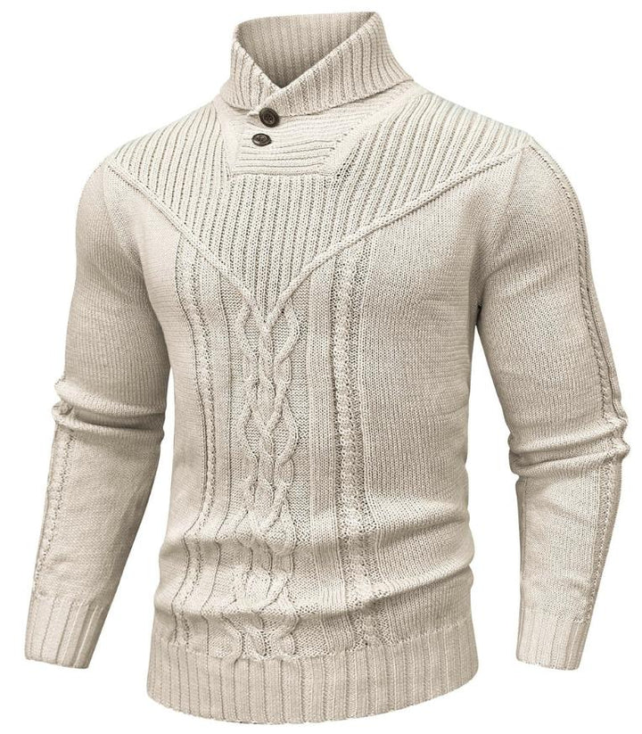 Men’s Cable Knit Sweater | High Neck Button Collar | Textured Winter Knit