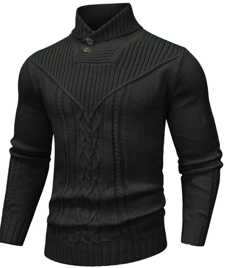 Men’s Cable Knit Sweater | High Neck Button Collar | Textured Winter Knit