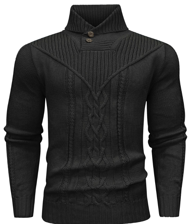 Men’s Cable Knit Sweater | High Neck Button Collar | Textured Winter Knit