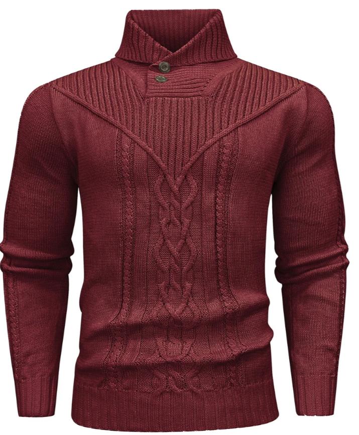 Men’s Cable Knit Sweater | High Neck Button Collar | Textured Winter Knit