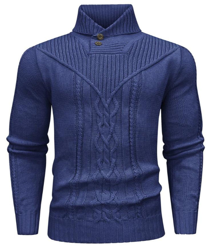 Men’s Cable Knit Sweater | High Neck Button Collar | Textured Winter Knit