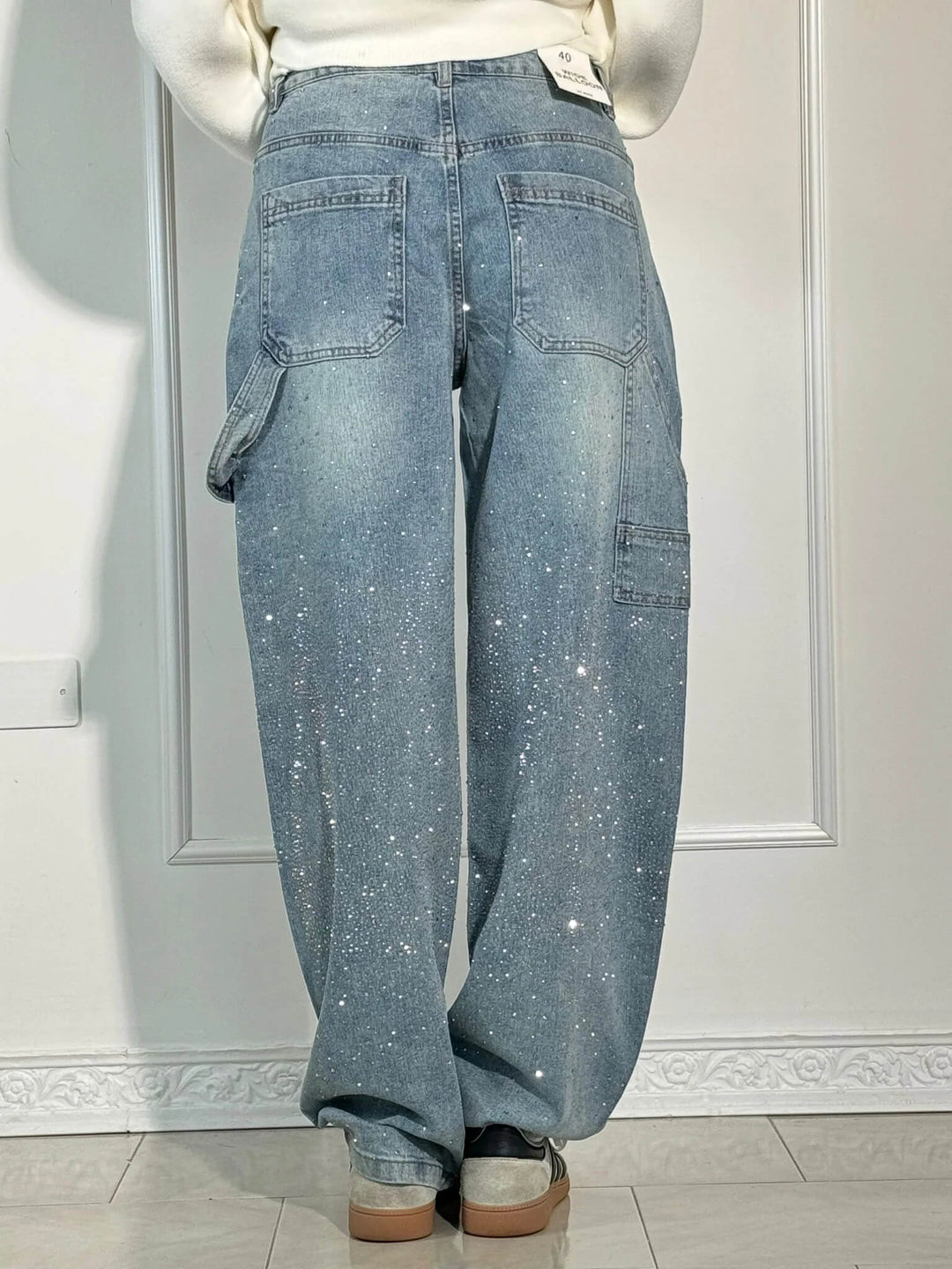 Jean large à strass | Coupe décontractée | Denim à détails scintillants
