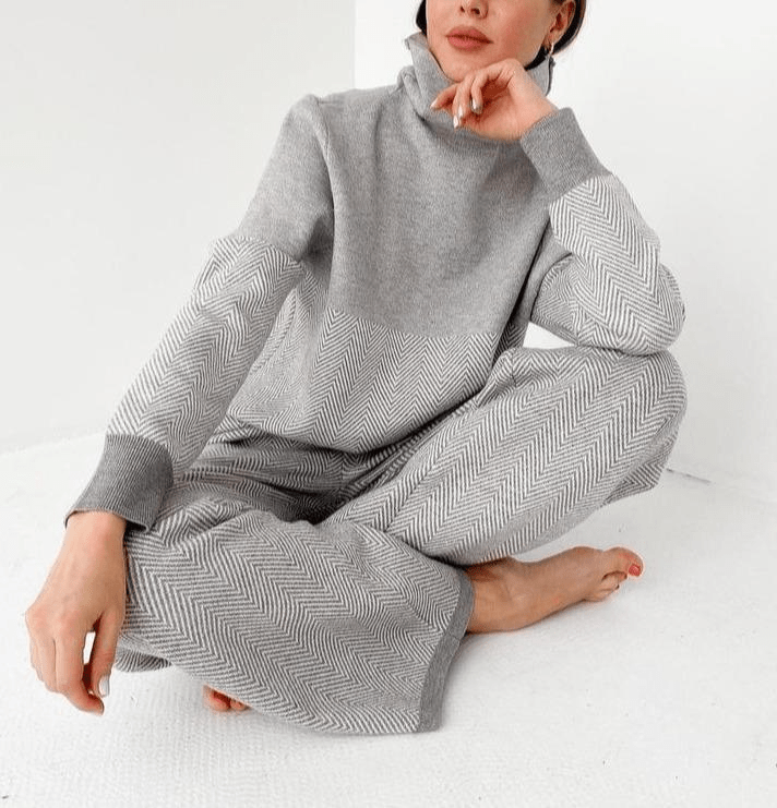 Knit Lounge Set | Soft High-Neck Sweater & Wide-Leg Pants | Cozy Relaxed Fit