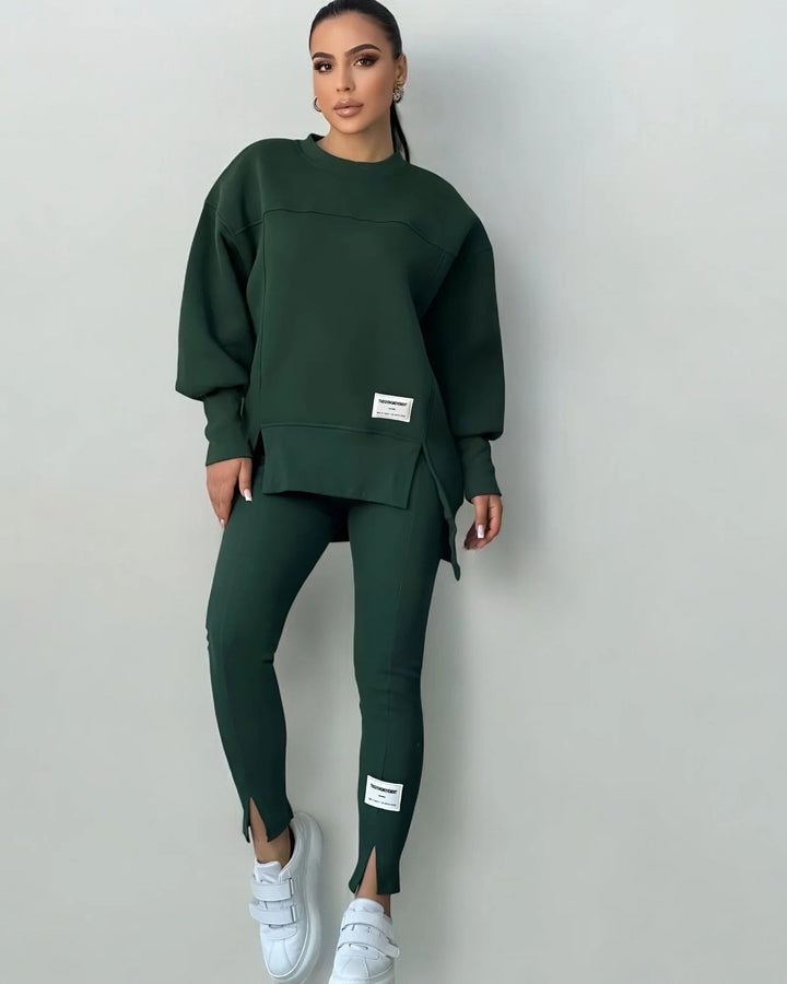 Modern Two-Piece Loungewear Set | Split Hem Top & Leggings | Polyester Blend | Casual Comfort