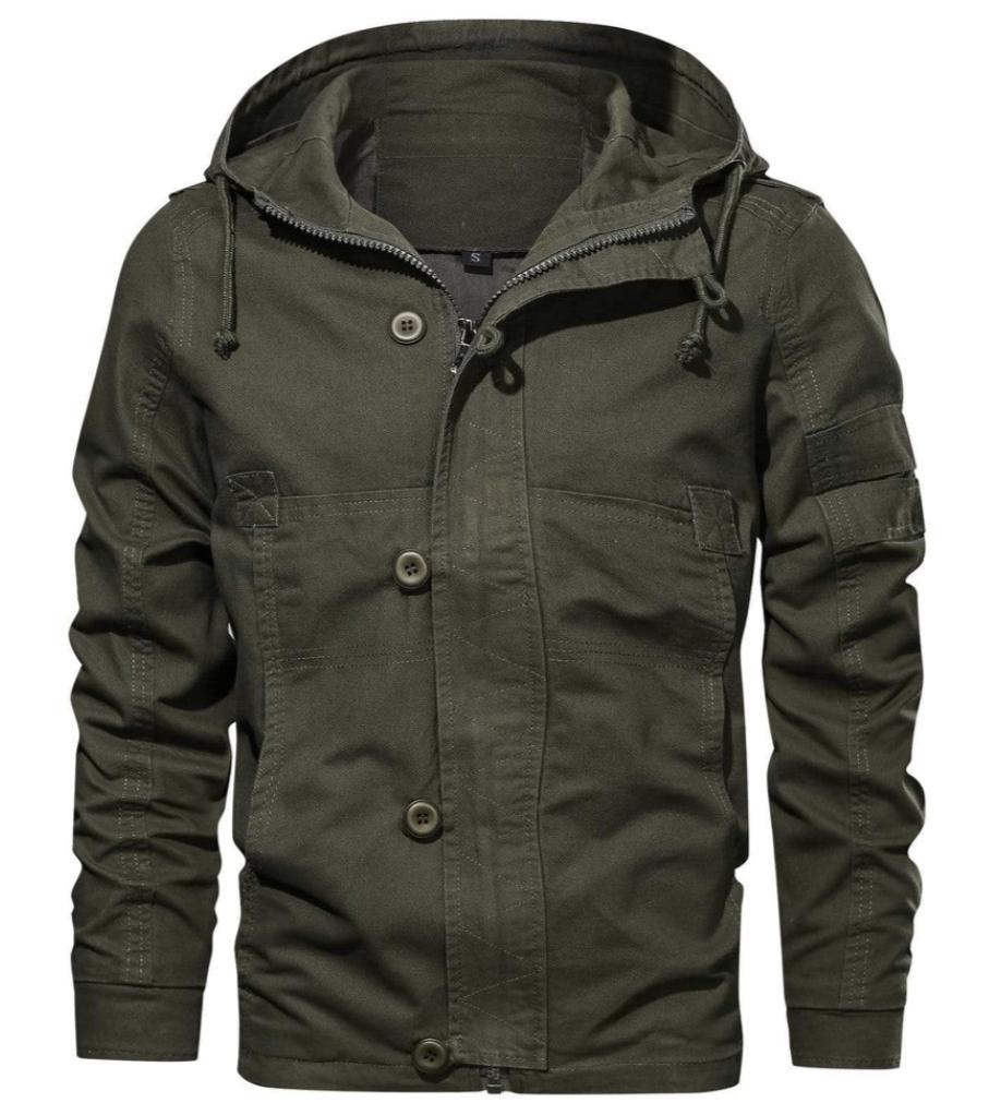 Men's Utility Cotton Jacket | Hooded Midweight Casual Coat | Button & Zip Closure