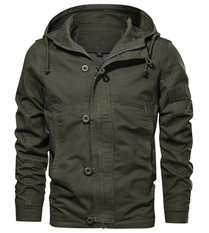 Men's Utility Cotton Jacket | Hooded Midweight Casual Coat | Button & Zip Closure