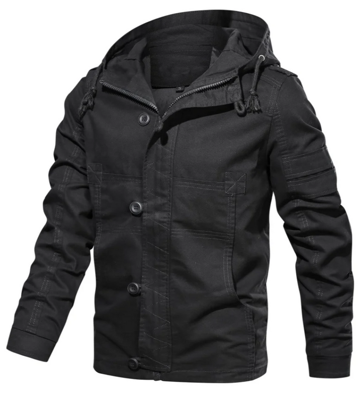 Men's Utility Cotton Jacket | Hooded Midweight Casual Coat | Button & Zip Closure